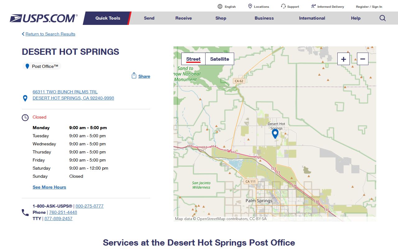 Desert Hot Springs ZIP code directory post office listing